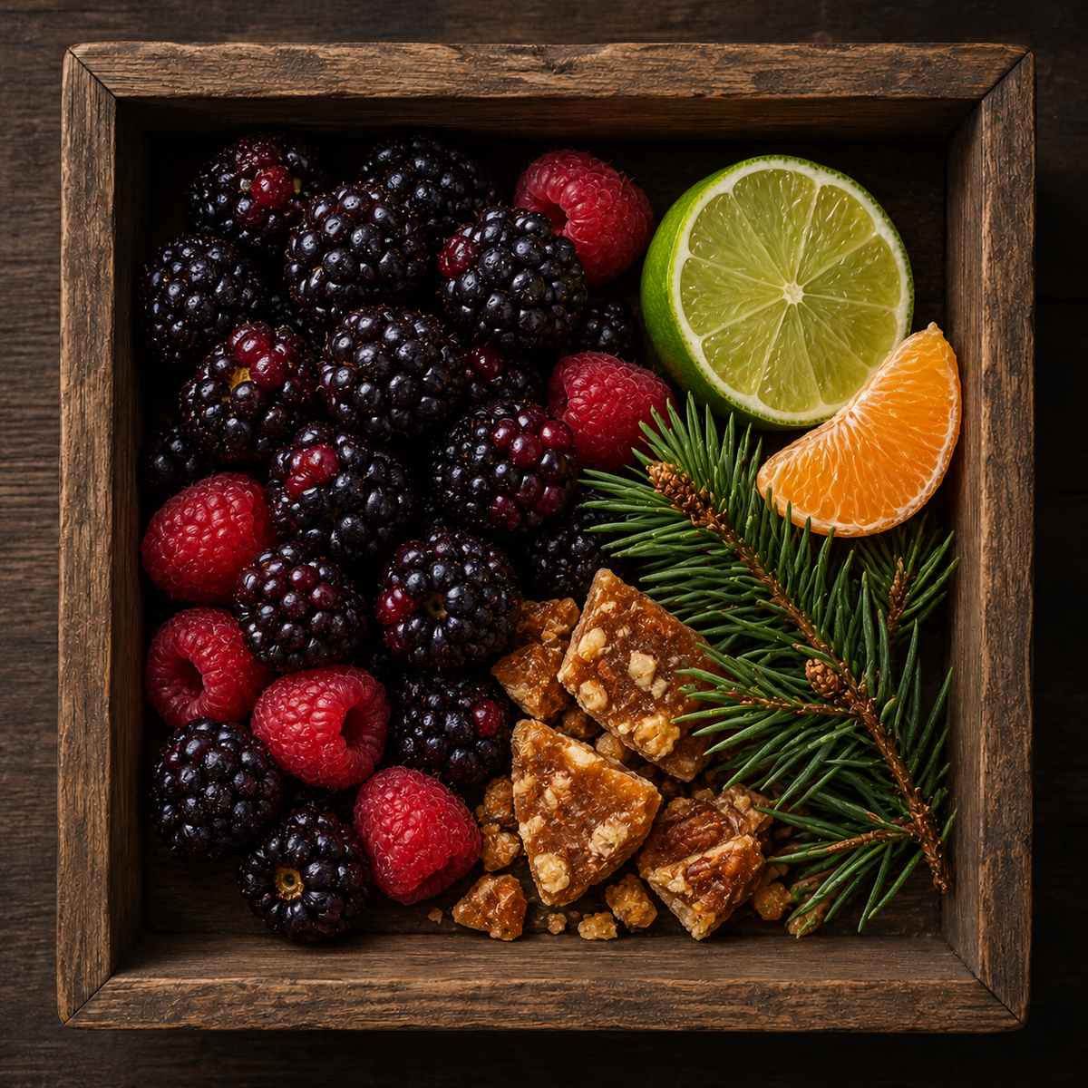 Brackleberry scent notes: blackberries, raspberries, lime, orange, praline and pine in a wooden box