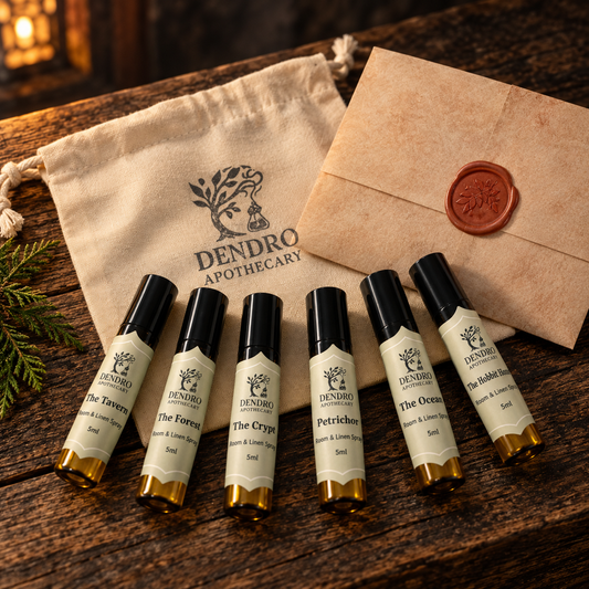Dungeon Crawler Fragrance Set: six 5 ml room sprays with stamped canvas bag and wax-sealed envelope.